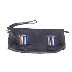 Latico‎ Pebbled Leather Brown Wristlet w rainbow colorful striped snap closures